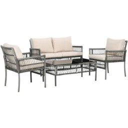 Ensemble salon de jardin 4 personnes 4 pièces - 8 coussins inclus - métal résine aspect rotin