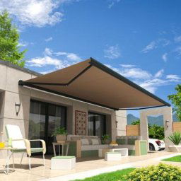 Store banne coffre onyx 6,00x3,50 m (Motorisé Secours à Télécommande - Gris Anthracite - Taupe)