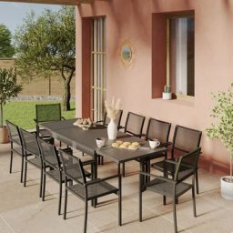 Ensemble Table de jardin extensible aluminium 135/270cm + 10 Fauteuils empilables corde Anthracite