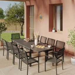 Ensemble Table de jardin extensible aluminium 135/270cm + 10 Fauteuils empilables en corde