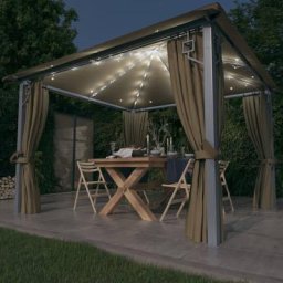 Tonnelle de Jardin Tente de réception - Rapide à Installer avec rideau et lumières LED 3x3 m Taupe