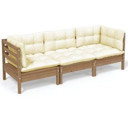 Canapé 3 places de jardin et coussins crème Bois de pin solide Vidaxl marron miel