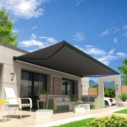 Store banne coffre onyx 5,00x3,50 m (Motorisé Secours à Télécommande - Gris Anthracite - Gris