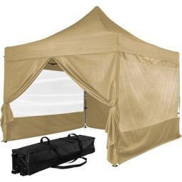 INSTENT Tonnelle PRO 3x3m, Alu, 4 panneaux inclus, couleur beige, avec sac de transport à roulettes