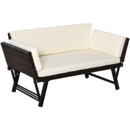 Canapé lit de jardin extensible 3 places grand confort 4 coussins écru inclus résine tressée
