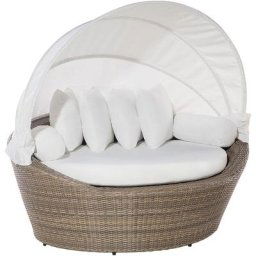 Lit de Jardin en Rotin Marron et Coussins Blancs Pare-Soleil Intégré Confortable Pratique et