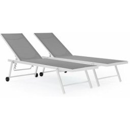 Habitat Et Jardin - Lot de 2 bains de soleil textilène aluminium Jolia - Phoenix - Gris / Blanc