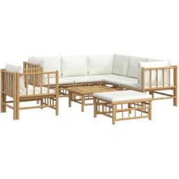 Salon de jardin 8 pcs avec coussins blanc crème bambou Vidaxl n/a