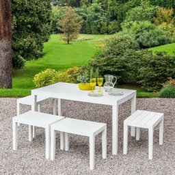 Dmora - Set salon d'extérieur Sanremo, Ensemble de jardin avec 1 table rectangulaire et 4 bancs,