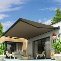 Store banne coffre soa 6,00x3,50 m (Motorisé Secours à Télécommande - Gris Anthracite - Taupe)