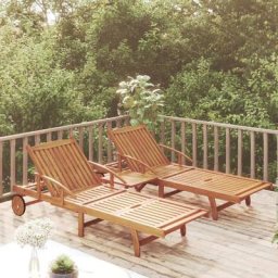 Lot de 2 Chaises longues avec table | Bain de soleil Transat Bois d'acacia massif 74948 - Brun