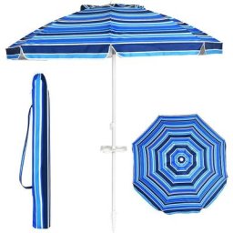 Parasol de Plage Inclinable avec Mât Démontable et Pieds à Vrille, Parapluie de Soleil à 8 Baleines