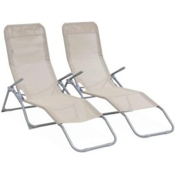 Lot de 2 bains de soleil pliants - Levito Taupe - Transats textilène 2 positions, chaises longues