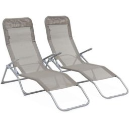 Lot de 2 bains de soleil pliants - Levito Gris taupe- Transats textilène 2 positions. chaises