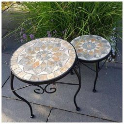 Tabouret à fleurs avec plateau en mosaïque de pierre 2 pièces table de jardin set résistant aux
