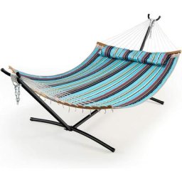 COSTWAY Hamac d’Extérieur avec Oreiller Amovible en Tissu, Acier, Bambou, pour de Jardin Camping,