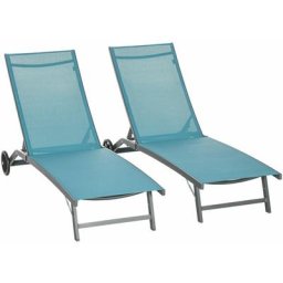 Lot de 2 bains de soleil transats inclinables - 2 roulettes - alu. textilène bleu - Bleu