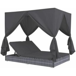 Chaise longue de jardin | Bain de soleil Transat avec rideaux Résine tressée Gris 25933 - Gris