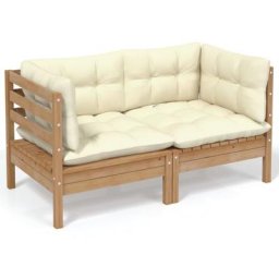 Canapé 2 places de jardin et coussins crème Bois de pin solide Vidaxl marron miel