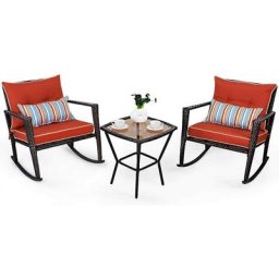Ensemble de Jardin avec 2 Fauteuils à Bascule et 1 Table Basse en Verre Trempé,Tous Coussins Inclus