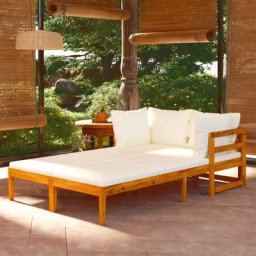 Lot de 2 Chaises longues | Bain de soleil Transat avec coussins blanc crème Acacia solide 86136