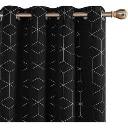 Lot de 2 a Oeillets Rideau Occultants Isolant Thermique Lossange Imprimés Argents, 140x240 cm, Noir