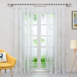 Rideau voilage fenetre Voile dévorable motif feuilles rideau transparent à Passe-tringle Blanc l/h