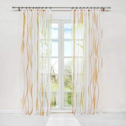 Rideaux courts Voilage fenêtre transparent Motif de Vagues à Galon Fronceur Orange Crème l/h