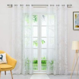 Rideau voilage fenetre Voile dévorable motif feuilles rideau transparent à Œillets Blanc l/h