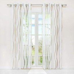 Rideaux courts Voilage fenêtre transparent Motif de Vagues à Passants Marron Crème l/h 140x225cm