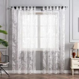 Rideau voilage fenetre Voile dévorable motif feuilles rideau transparent à Patte Blanc l/h 140x245