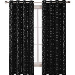 Lot de 2 a Oeillets Rideau Occultants Isolant Thermique Lossange Imprimés Argents, 117x229 cm, Noir