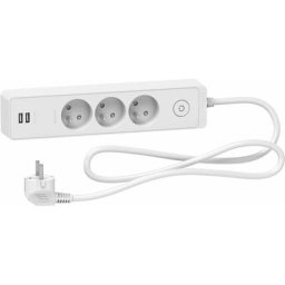 Multiprise 3 prises 2P+T avec 2 usb - 1,5 m - Blanche