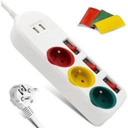 Bloc Multiprise 3 prises couleurs 16A + 2 Ports usb 2A + 3 Stickers - Interrupteurs individuels