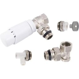 Kit complet robinet de radiateur thermostatique équerre 15x21 Noyon&thiebault nickelé/blanc