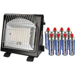 Alpen Camping - Chauffage à gaz portable 1700W + 8 Cartouches gaz 2en1 Réchaud Basses températures