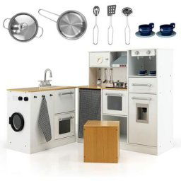 Cuisine Enfant de 3+ Ans , avec Micro-Ondes, Cuisinière, Téléphone, Cuisine en Bois avec 5
