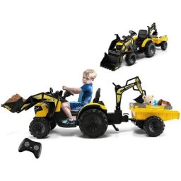 Tracteur Électrique pour Enfants avec Remorque, Pelle et Roues Antidérapantes Excavateur Jouet avec