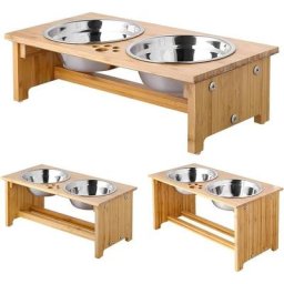 Gamelles surélevées - pour Chiens et Chats - Supports surélevés en Bambou avec 2 gamelles d'eau et
