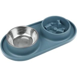 Gamelle Chien, Anti Glouton Chien Double Bol en Acier Inoxydable Gamelle Chat Base Silicone