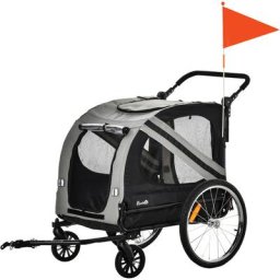 Pawhut - Remorque vélo jogger 2 en 1 pour animaux drapeau roue avant pivotante réflecteurs gris