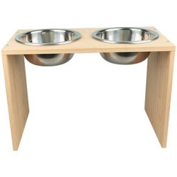 Gamelle pour Chien Chat Surélevée, Durable Bambou Support Gamelle Chien, avec 2 Bols en Acier