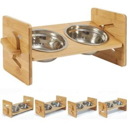Gamelle Chat Sureleve, Gamelle Chien Surelevee avec Bol inox Support en Bambou Réglable en Hauteur