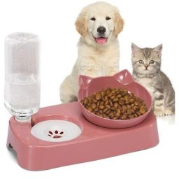 2 en 1 Gamelles pour Chat, Chat Gamelle avec Automatique Distributeur Eau, Double Bol Mangeoirs
