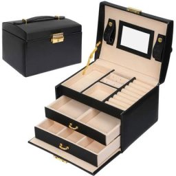 Boîte à bijoux à 3 Couches Armoire à bijoux Coffret à Bijoux Avec Miroirs Simili Cuir, Noir