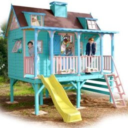 Casas Green House - Cabane en bois pour enfant sur pilotis avec toboggan et lit superposé super
