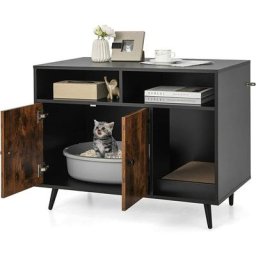 Meuble Litière Chat avec Griffoir Industriel, Maison de Toilette Chat Anti-basculement 2 Étagères
