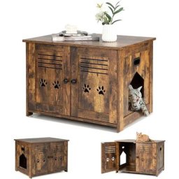 Meuble Litiere Chat avec Portes à Persiennes et 2 poignées découpées Style Industriel, Maison de