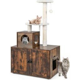 Arbre à Chat en Bois 132 cm avec Maison de Toilette pour Chat à Double Porte, Griffoir en Sisal,