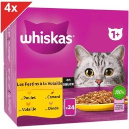 Whiskas - 96 Sachets fraîcheur en sauce 4 variétés volaille pour chat 85g (4x24)